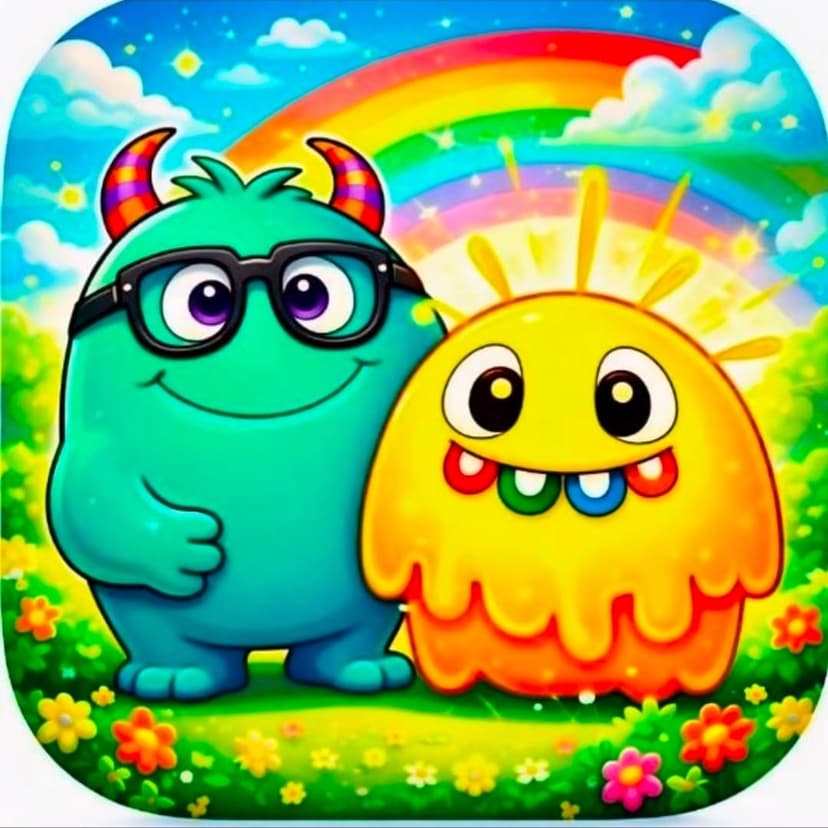 Sunshine Monsters – zwei fröhliche Monster vor einem Regenbogen